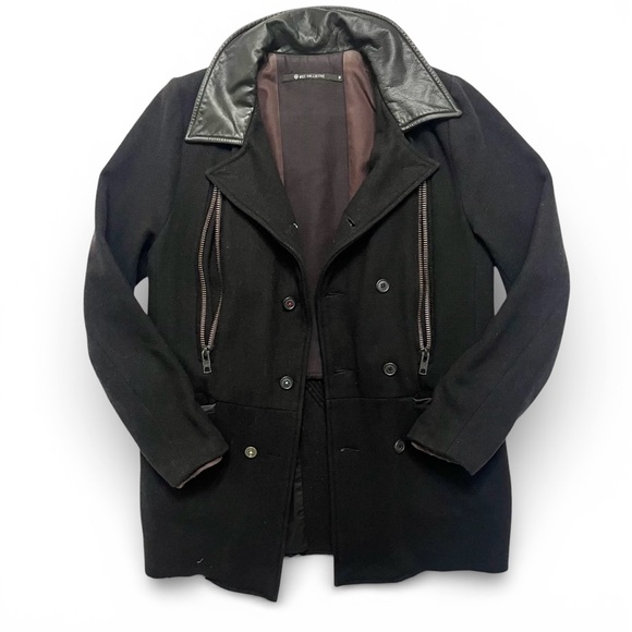 NICE Collective Black Wool Double Breasted Military Peacoat Leather medium - Picture 2 of 12